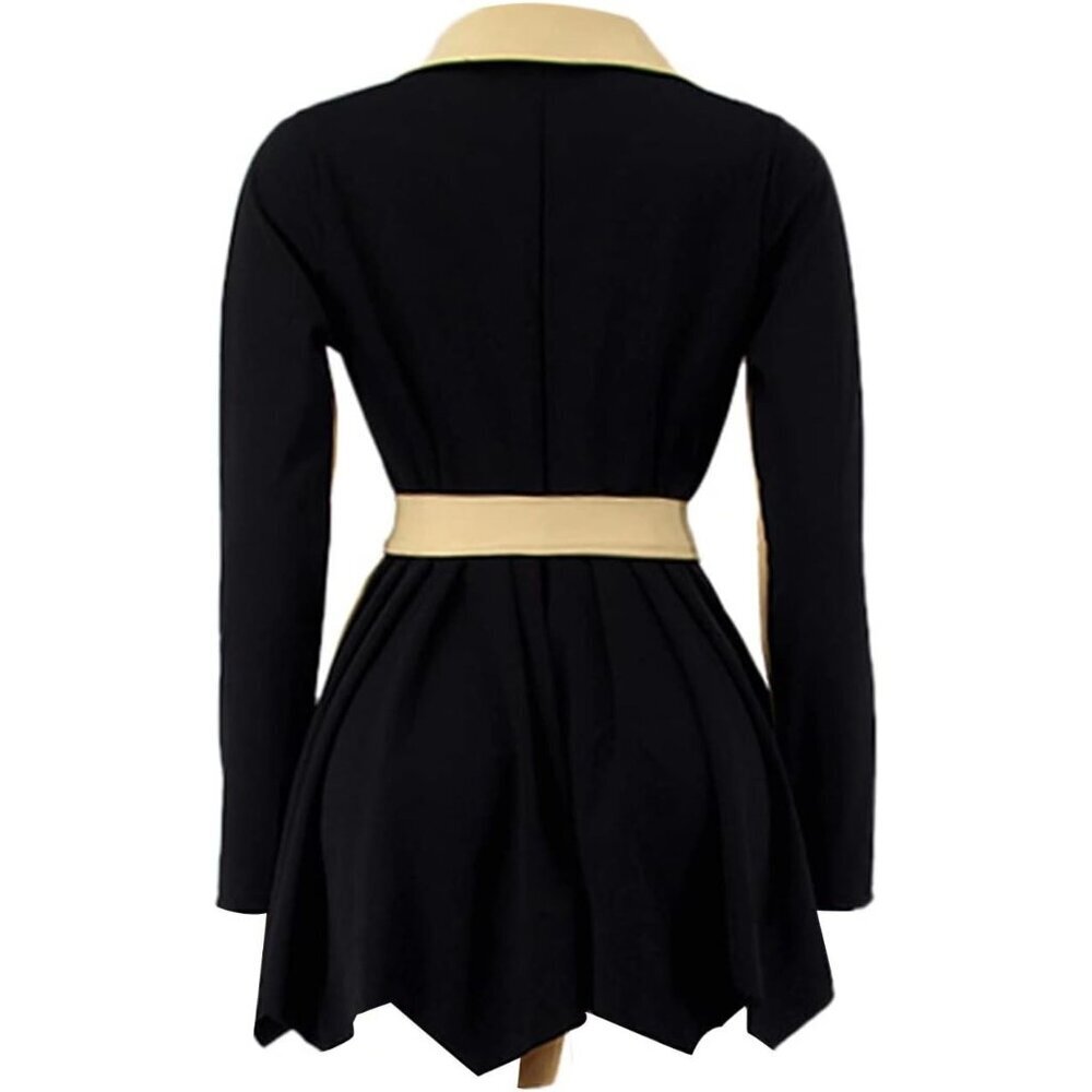 Women Khaki Two Tone V Neck Double Breasted Peplum Belted Blazer Mini Dress - Picture 6 of 7